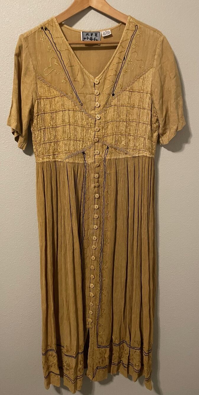 Vintage M.P.H. Dress Womens Medium Mustard Yellow Embroidered Button Up Boho 90s